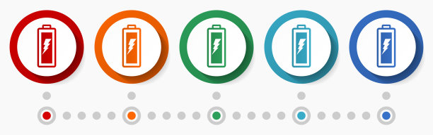 电池，能源，功率概念矢量图标设置，平面设计彩色按钮，信息图表模板在5种颜色选项图片下载