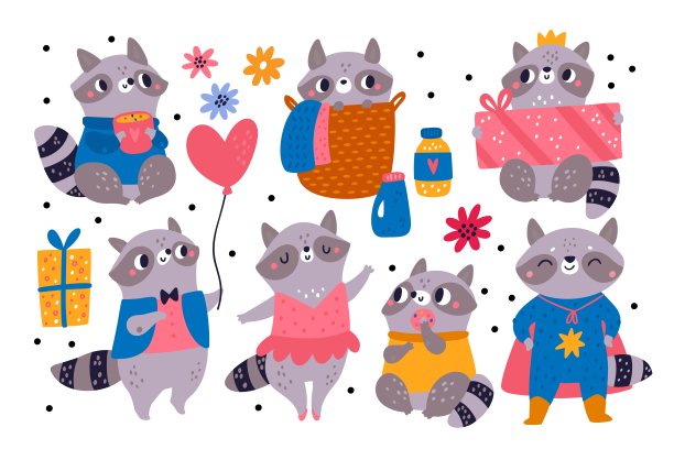 有趣的浣熊。穿着衣服的可爱动物。卡通野生动物的礼物，气球和甜甜圈。森林动物的姿势和动作。芭蕾舞演员和超级英雄。媒介林地哺乳动物集图片下载
