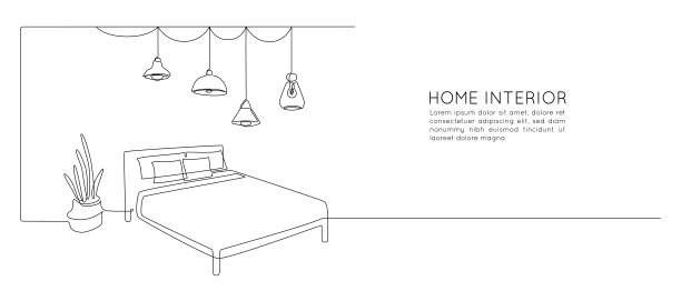 连续单线画双人床和桌子与盆栽植物和悬挂阁楼灯。斯堪的那维亚居家睡眠卧室家具采用简单的直线风格。矢量图图片下载