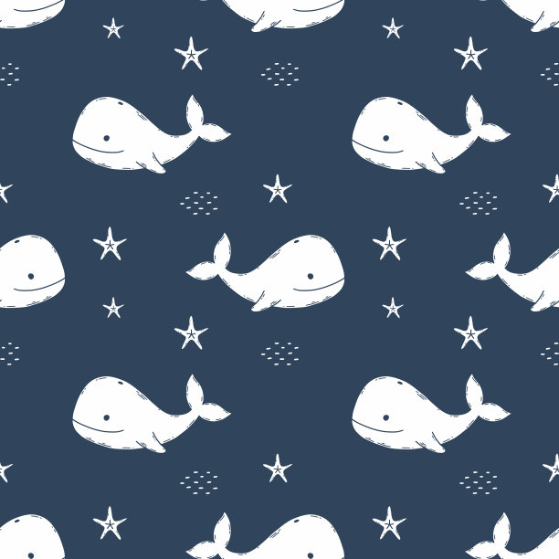 深蓝色图案，可爱的鲸鱼图案。没完没了的背景托儿所。用于缝制衣服和织物印花的重复壁纸。儿童矢量插图。图片下载