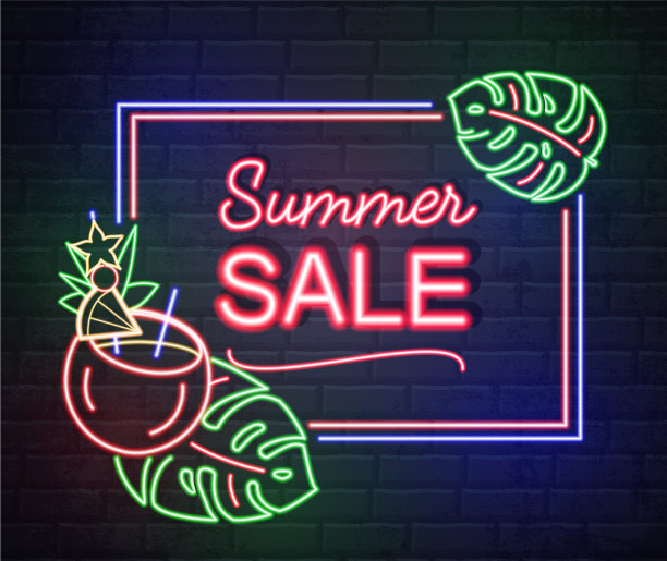 霓虹灯标志夏季大减价与热带树叶图片下载