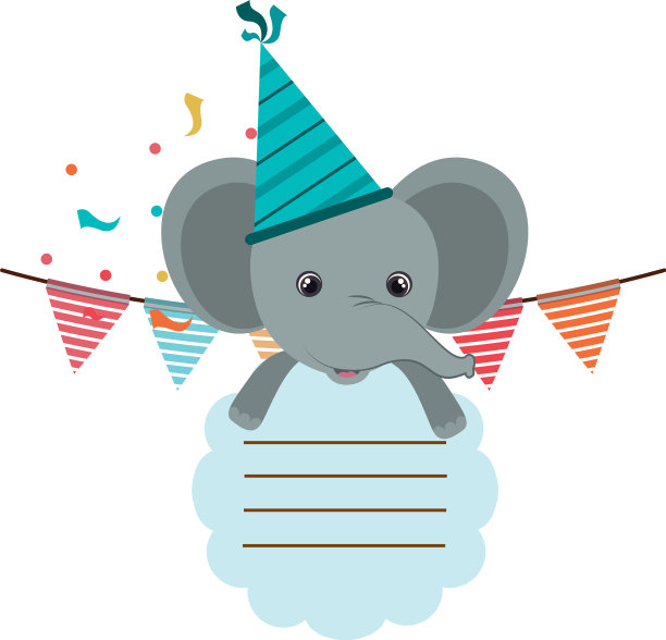 生日贺卡和大象与帽子聚会图片下载