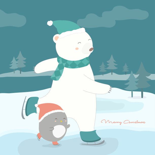 圣诞快乐，白熊和企鹅走在雪山上。图片下载