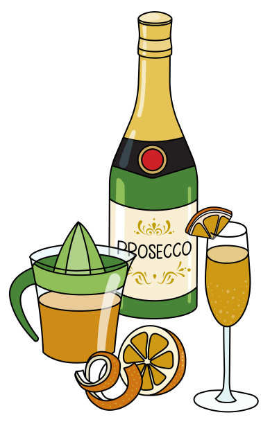 涂鸦卡通含羞草鸡尾酒和成分组成。一瓶prosecco，橙汁和橙汁水果。为酒吧菜单，贴纸或酒精烹饪书食谱。图片下载