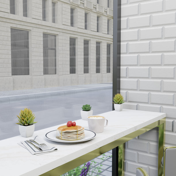 3D渲染的热咖啡和煎饼被放在咖啡厅的白色大理石吧台上。图片下载