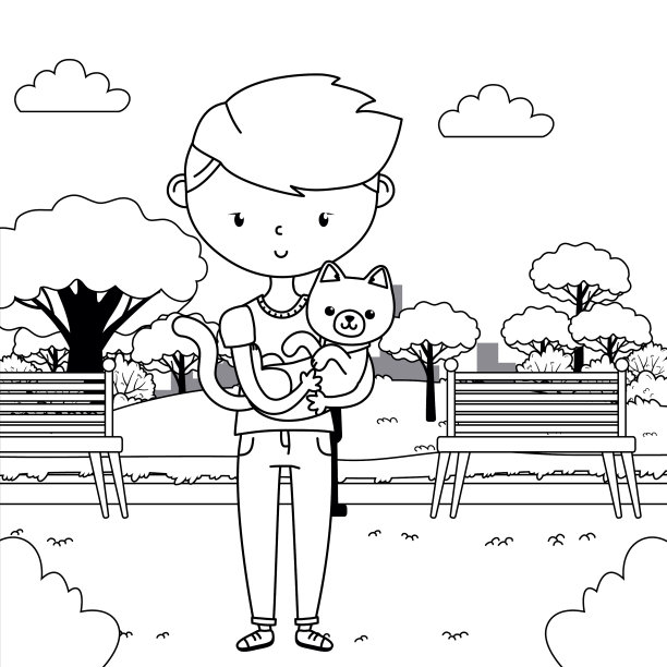 男孩与猫卡通设计图片下载