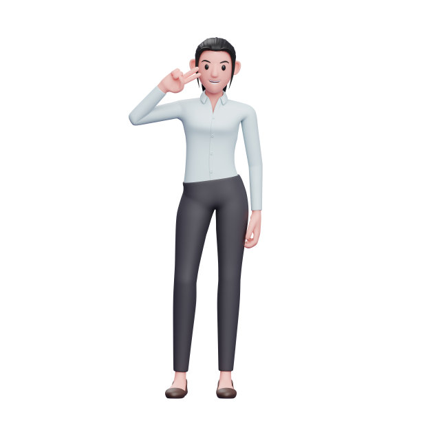 女人摆出和平的手指在脸颊上，3D渲染商业女性人物插图图片下载