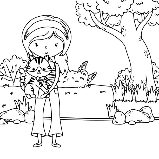 女孩与猫卡通设计图片下载