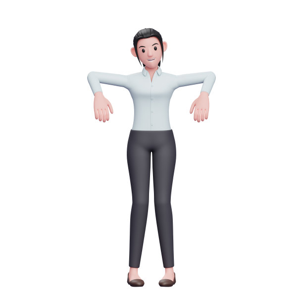 可爱的女孩提线木偶姿势，3d渲染商业女性角色插图图片下载