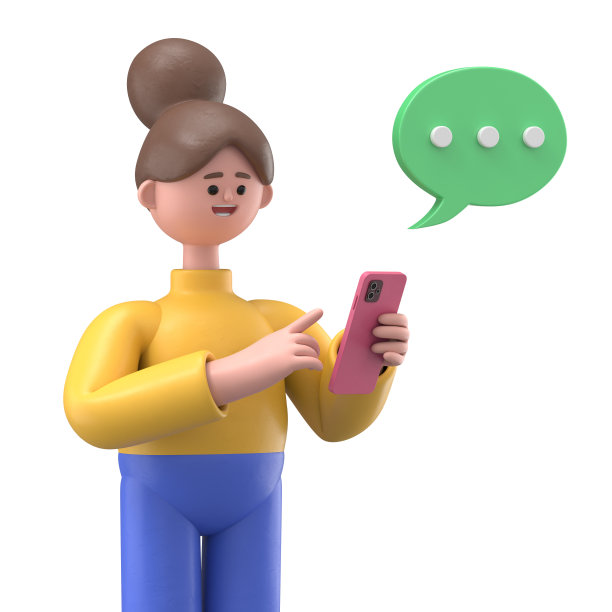 一个微笑的女人安琪拉在智能手机和语音泡泡聊天的3D插图。卡通人物的肖像在打电话和打字。社交网络中的沟通，移动连接。白色背景上的3D渲染。图片下载