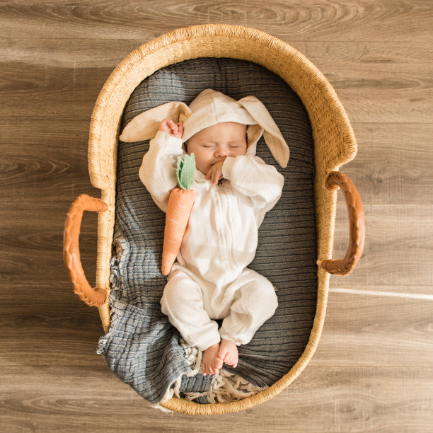 一个16周大的兔宝宝穿着白色的兔宝宝服装，躺在一个舒适的海草摩西篮子里和他的胡萝卜睡觉图片下载