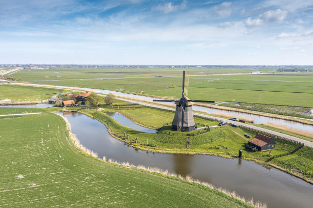 带有风车的典型荷兰圩田景观图片下载