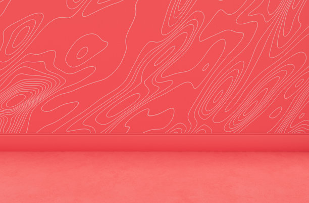 单色平红色空封闭厨房柜台与装饰墙，3d渲染图片下载