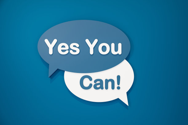 是的,你可以。标志，语音泡泡，文字在白色和蓝色的背景。图片下载