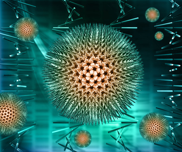 病毒细胞和DNA链的三维抽象医学背景图片下载