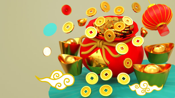 幸运包或宝包与黄金和硬币背景贺卡为中国新年，3d渲染。图片下载