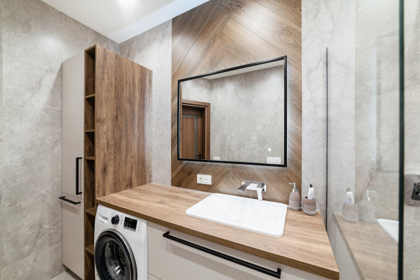 浴室的室内设计有镜子和家具图片下载