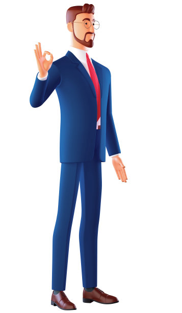 3 d卡通人物。年轻英俊的男子胡子穿西装和眼镜在白色背景微笑积极做ok的标志与手和手指。成功的表现图片下载