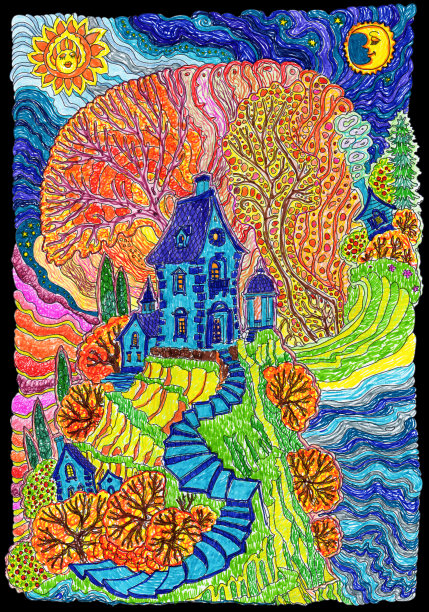 幻想的海洋景观与毡尖笔。地中海岛上童话般的中世纪城堡。印有黑色框架的t恤图片下载