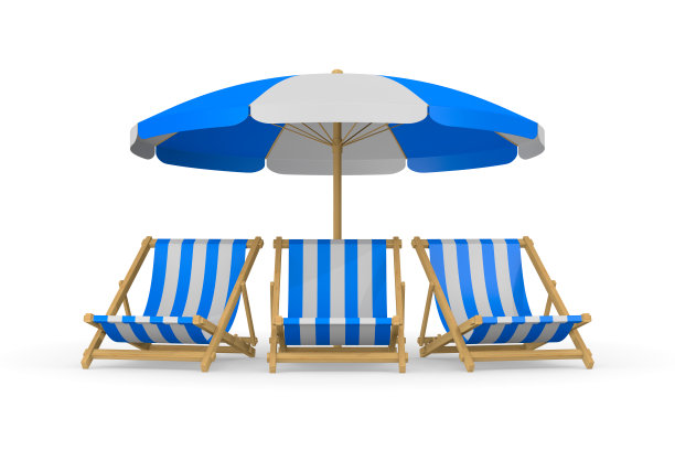 白色背景的沙滩伞和躺椅。孤立的3 d演示图片下载