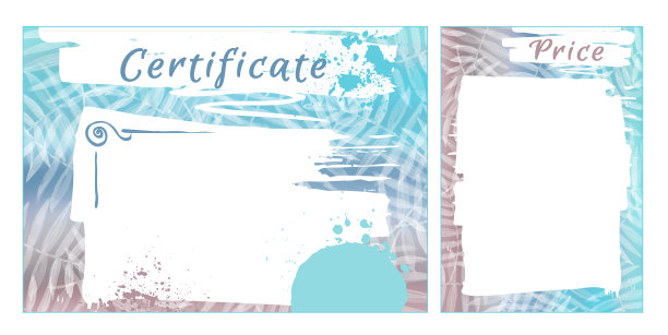 为企业设置设计、证书及价格表模板。水彩抽象框架，蓝色和棕色梯度与树叶，树叶。图片下载