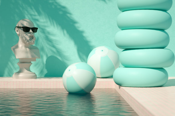 胸像雕塑与太阳镜在游泳池夏季度假旅游的背景棕榈树的影子图片下载