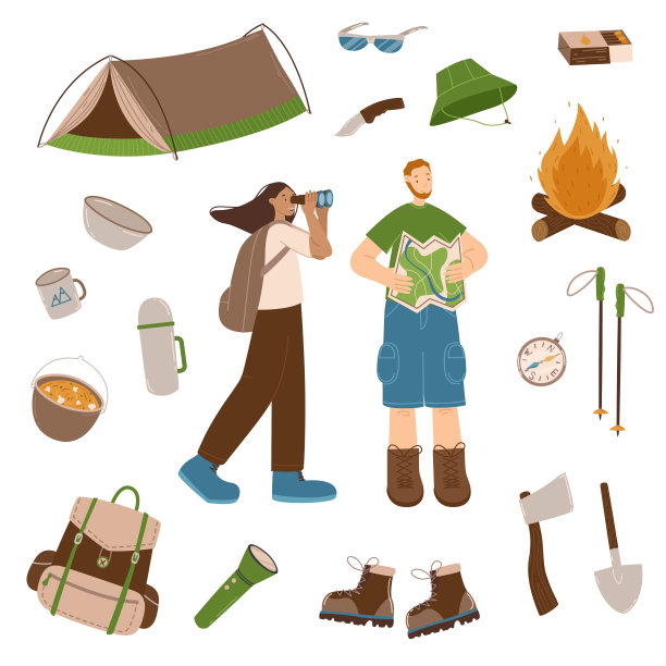 露营和远足设置，人物概念。快乐的旅行者在地图上寻找正确的道路。矢量图孤立在白色背景上图片下载