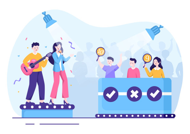 选手在舞台或讲台上展示自己的技能，由评委以卡通插图进行评判图片下载