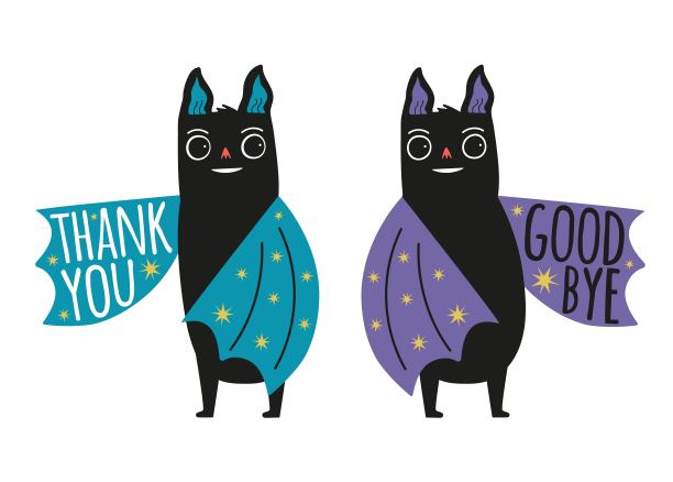 矢量插图与一对蝙蝠和短语。谢谢你，再见图片下载