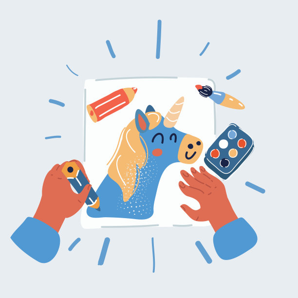 矢量插画俯视图绘画过程，儿童绘画，儿童工作坊教育课程。图片下载