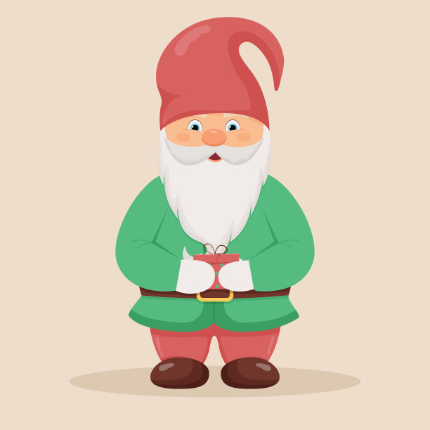 可爱的小侏儒手里拿着礼物。圣诞和新年性格。图片下载