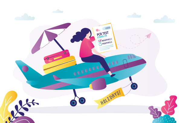 阴性检测的女孩飞去度假了。游客为covid-19持有pcr结果图片下载