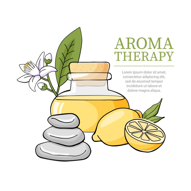 成分与香薰配件与精油。玻璃瓶，柠檬，橙花和温泉石。适合温泉、美容院、化妆品设计。矢量插图在白色背景图片下载