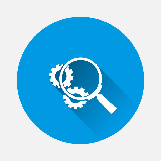 矢量齿轮工具搜索放大镜图标蓝色背景。带有长阴影的平面图像。图片下载