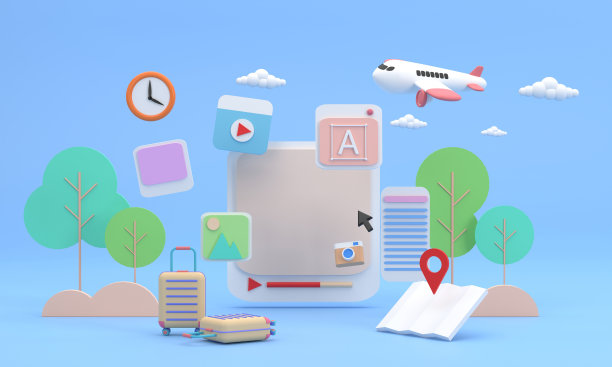 电脑屏幕上显示有关旅行的图片和树的背景图标。手提箱和地图图片下载
