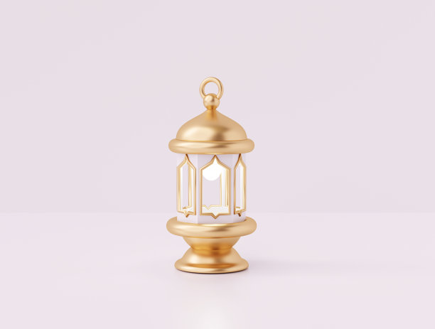 黄金灯笼元素装饰伊斯兰斋月卡里姆问候黄色背景3D插图图片下载