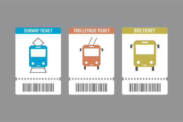 地铁、无轨电车和公共汽车车票。公共交通通过。一套带有图形和条形码的纸质门票。图片下载