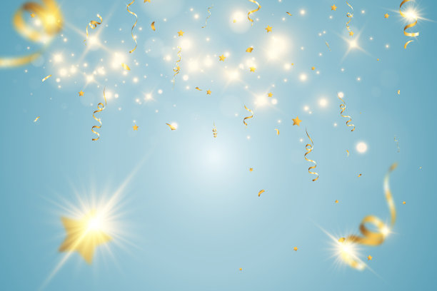 金色的彩纸落在美丽的背景上。舞台上落下的飘带。图片下载