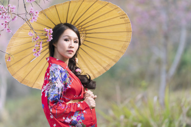 亚洲女性游客。日本女性在春天穿着传统的日本和服与樱花，日本。图片下载