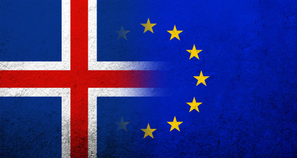 欧盟国旗配冰岛国旗。枯燥乏味的背景图片下载