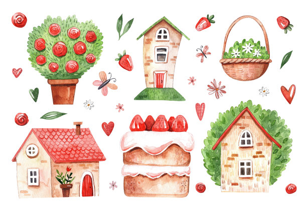 水彩插图夏天的房子，蛋糕，草莓，花和心。图片下载
