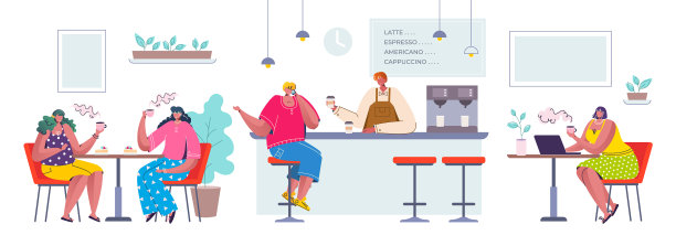 卡通人物坐在咖啡厅里图片下载