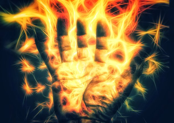 燃烧的火焰手的3D插图图片下载