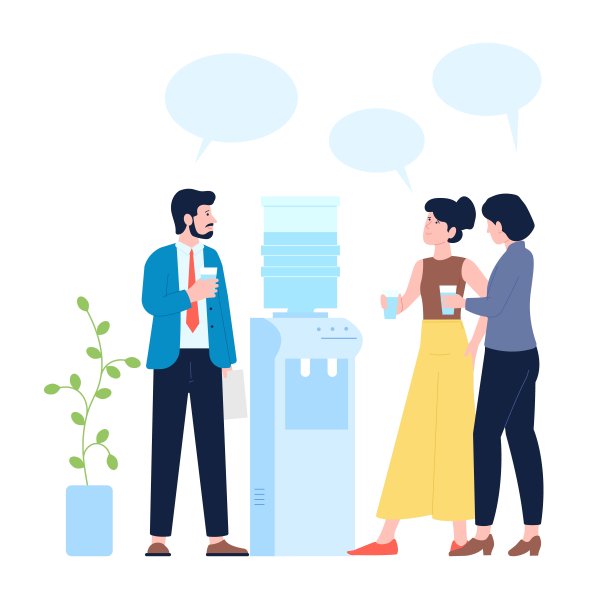 办公室冷的会议。人们在饮水机旁喝酒聊天。同事聊天，工作喝酒休息。经理们八卦最近的矢量场景图片下载