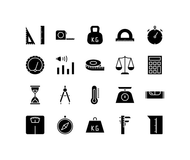 测量平线图标设置。包含秒表，刻度，画罗盘，尺子，卷尺，沙钟，温度计等图标。简单的平面矢量图网站或移动应用程序图片下载