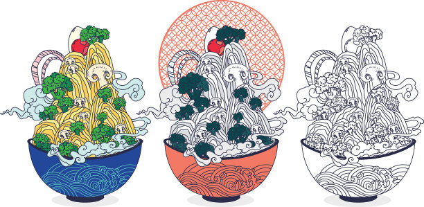 热面条，鸡蛋，洋葱和西兰花图片下载