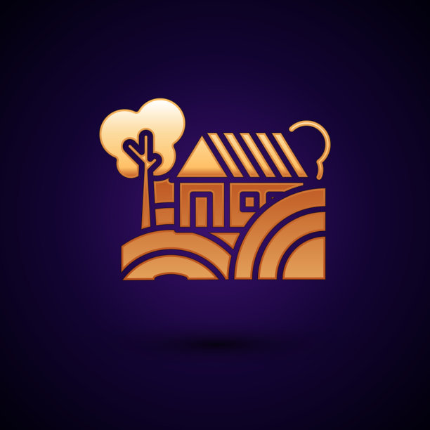 金色农舍概念图标孤立在深蓝色上图片下载