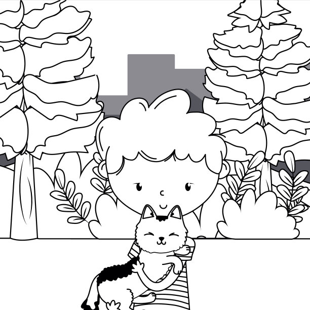 男孩与猫卡通设计图片下载