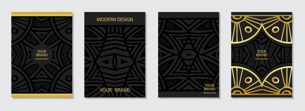 封面设计集，垂直模板。装饰艺术风格的黑色浮雕背景的收藏。东方几何民族三维图案。图片下载
