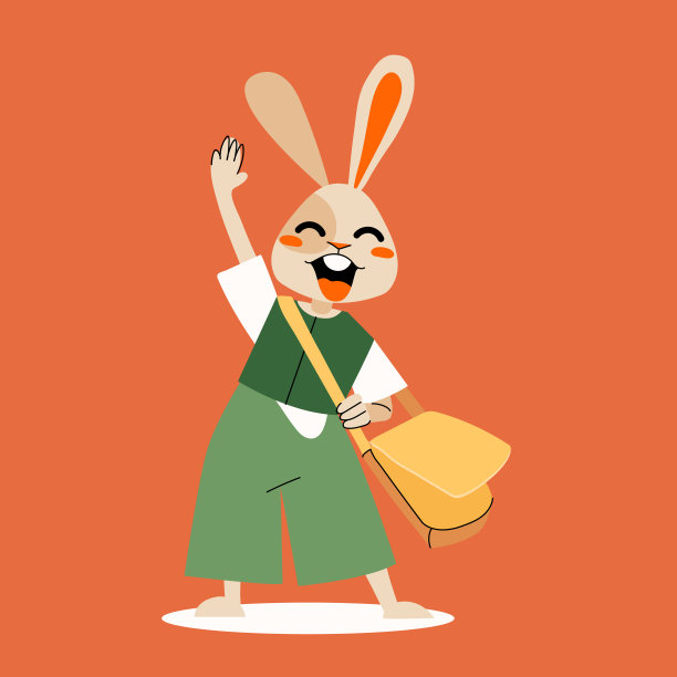 带着包的兔宝宝。可爱的兔子字符孤立的红色背景。向量的卡通插图图片下载